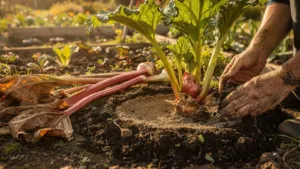 Rhubarbe : retirez les tiges flétries et paillez sans couvrir la couronne