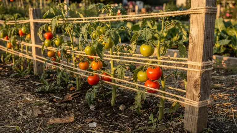 Tomates : le Florida Weave, un palissage en rangée avec des piquets et de la ficelle Tomates : le Florida Weave, un palissage en rangée avec des piquets et de la ficelle
